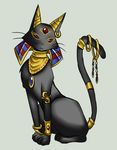  armlet bastet black black_fur bracelet cat collar ear_piercing egyptian feline feral fur gem gold headdress jewelry mammal piercing red_eyes solo tail tail_ring unknown_artist whiskers 