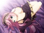  bare_legs bed black_dress blue_eyes breasts cleavage dress dutch_angle green_eyes hairband highres large_breasts leg_up legs long_hair lying megurine_luka pink_hair solo thighs vocaloid yuzuki_kei 