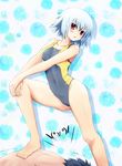  awayuki_tobari bare_shoulders barefoot ben-tou breasts competition_swimsuit emoticon medium_breasts navel one-piece_swimsuit red_eyes short_hair silver_hair solo swimsuit trembling yarizui_sen 