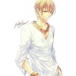  bad_id bad_pixiv_id blonde_hair bracelet casual copyright_name earrings fate/zero fate_(series) gilgamesh hiramatsu_(rama) jewelry male_focus necklace red_eyes solo 