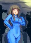  bad_id bad_pixiv_id black_hair blue_eyes bodysuit breasts chiyo_koharu hand_on_hip highres large_breasts long_hair older solo star_sapphire touhou wings 