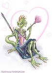  &hearts; apron argonian breasts claws cleavage clothed clothing dress ear_piercing feather_duster female green green_scales heavymouse lifts-her-tail lusty_argonian_maid piercing polearm prehensile_tail scalie solo spear spikes tail the_elder_scrolls video_games 