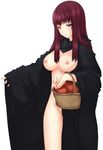  apple areolae basket blush breasts cape cloak closed_mouth eyebrows_visible_through_hair food fruit grimm's_fairy_tales groin highres large_breasts legs long_hair md5_mismatch naked_cape nipples no_panties purple_eyes queen_(snow_white) red_hair simple_background sleeves_past_wrists snow_white solo thighs white_background yui.h 