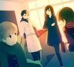  2girls anko_(w-anco) black_hair brown_hair chitanda_eru coat fukube_satoshi hyouka ibara_mayaka kotenbu_series long_hair multiple_boys multiple_girls oreki_houtarou pantyhose scarf school_uniform short_hair smile 