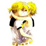  1girl blonde_hair blue_eyes brother_and_sister hair_ribbon highres hug kagamine_len kagamine_rin looking_at_viewer mitsui ribbon short_hair siblings simple_background twins vocaloid 