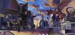  cityscape crystal dragon higashiyama_hayato highres kaijuu mutant original real_world_location roaring shibuya_(tokyo) shibuya_109 sky sunset tokyo_(city) 