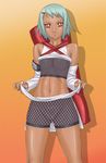  1girl abs dark_skin detached_sleeves fishnets flat_chest fu_(naruto) fuu_(naruto) green_hair hair_ornament hairclip looking_at_viewer midriff naruto naruto_shippuuden navel no_panties okiyumi_kase red_eyes short_hair smile solo standing 