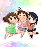  &gt;_&lt; 2girls :d akizuki_ryou antenna_hair blue_eyes blue_hair brown_eyes brown_hair chibi closed_eyes dearly_stars hidaka_ai highres idolmaster idolmaster_dearly_stars maiko_(yoshida308) midriff mizutani_eri multiple_girls open_mouth otoko_no_ko smile unmoving_pattern 