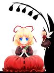  bad_id bad_pixiv_id blonde_hair blue_eyes bow bubble_skirt doll dress flower hair_bow hair_ribbon lily_of_the_valley looking_at_viewer medicine_melancholy nishi_masakazu no_nose ribbon short_hair sitting skirt smile solo su-san touhou transparent_background wings 