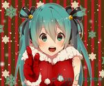  aqua_eyes aqua_hair bad_id bad_pixiv_id blush fullo2 gloves hair_ribbon hatsune_miku long_hair merry_christmas open_mouth pointing red_gloves ribbon santa_costume snowflakes solo striped striped_background twintails vocaloid 