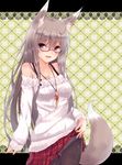  :d ahoge animal_ears bare_shoulders black_legwear blush breasts collarbone fox_ears fox_tail glasses grey_hair highres jewelry letterboxed long_hair long_sleeves medium_breasts necklace open_mouth original panties panties_under_pantyhose pantyhose pendant plaid plaid_skirt purple_eyes red-framed_eyewear red_eyes second_heaven shiny shiny_clothes sidelocks skirt skirt_lift sleeves_past_wrists smile solo strap sweater tail thighband_pantyhose underwear unmoving_pattern 