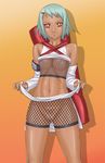  1girl censored dark_skin detached_sleeves fishnets flat_chest fu_(naruto) fuu_(naruto) green_hair hair_ornament hairclip looking_at_viewer midriff naruto naruto_shippuuden navel no_panties okiyumi_kase red_eyes short_hair smile solo standing 