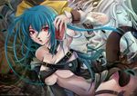  arc_system_works blue_hair bow breasts chains cleavage coca-cola dizzy guilty_gear hair_bow large_breasts long_hair navel open_mouth red_eyes ribbon tail torn_clothes twintails wings 