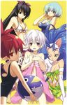  4girls animal_ears aqua_eyes aqua_hair ar_tonelico ar_tonelico_i atelier_(series) ball bat_wings beachball black_eyes black_hair blue_eyes blue_hair blush cat_ears competition_swimsuit cross_edge crossover disgaea etna felicia fur green_eyes highres hirano_katsuyuki long_hair mana_khemia_(series) mana_khemia_2 misha_arsellec_lune multiple_crossover multiple_girls navel official_art one-piece_swimsuit pointy_ears red_eyes red_hair short_hair simple_background skull smile swimsuit tears vampire_(game) vivi_(cross_edge) white_hair wings wuim_(mana_khemia) yellow_background 