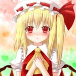  ascot blonde_hair blush flandre_scarlet frills hanazome_dotera hands_on_own_chest hat heart red_eyes short_hair side_ponytail solo sparkle touhou upper_body wings 