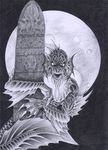  black_and_white claws cthulhu_mythos dagon embrace fins full_moon greyscale h.p._lovecraft line_art male markings monochrome moon naga open_mouth solo stone tail teeth verreaux white_eyes 