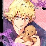  723_(tobi) alternate_costume bad_id bad_pixiv_id barnaby_brooks_jr blonde_hair dog glasses green_eyes lace lowres male_focus puppy solo tiger_&amp;_bunny 