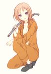  bad_id bad_pixiv_id breasts cleavage jumpsuit lead_pipe long_hair medium_breasts navel open_clothes over_shoulder purple_eyes red_hair saki sketch smile solo takei_hisa tokumi_yuiko 
