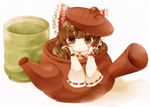  ascot bad_id bad_pixiv_id bare_shoulders bow brown_eyes brown_hair chibi cup detached_sleeves hair_bow hair_tubes hakurei_reimu in_container kyouda_suzuka long_hair looking_at_viewer minigirl ribbon side_handle_teapot solo teapot touhou yunomi 