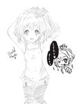  armpits arms_up character_name chemise chibi chibi_inset english flandre_scarlet flat_chest garter_straps hair_up kudakitsune_(kaien_kun) monochrome one_eye_closed sketch solo thighhighs touhou underwear underwear_only 