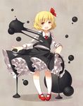  blonde_hair blueberry_(5959) darkness eyebrows fang frills full_body gathers hair_ribbon highres kneehighs looking_away mary_janes petticoat pigeon-toed red_eyes ribbon rumia shoes short_hair simple_background skirt skirt_set slime smile solo standing touhou white_legwear 