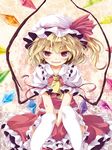  ascot bad_id bad_pixiv_id between_legs blonde_hair blush fang flandre_scarlet hand_between_legs hands_together hat highres looking_at_viewer own_hands_together red_eyes short_hair side_ponytail sitting solo tamago_gohan thighhighs touhou white_legwear wings 