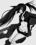  bikini_top black_hair black_rock_shooter black_rock_shooter_(character) boots flat_chest greyscale hood hooded_jacket jacket knee_boots long_hair midriff monochrome navel open_clothes open_jacket pas_(paxiti) scar shorts solo twintails work_in_progress 