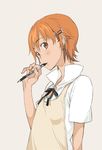  apron hair_ornament hairpin inami_mahiru mura_(kanojo_no_oukoku) orange_hair pen short_hair solo waitress working!! 