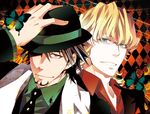  argyle argyle_background barnaby_brooks_jr blonde_hair blue_eyes brown_eyes brown_hair bug butterfly facial_hair fedora formal glasses hat ichitaka insect kaburagi_t_kotetsu male_focus multiple_boys necktie stubble suit tiger_&amp;_bunny 