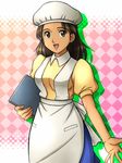  apron blouse brown_eyes brown_hair fujii_satoshi fushigi_no_umi_no_nadia hat ikolina long_hair skirt smile solo tan 