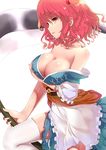  bad_id bad_pixiv_id bare_shoulders breasts cleavage dai_(uhyoko1102151) hair_bobbles hair_ornament large_breasts off_shoulder onozuka_komachi red_eyes red_hair scythe shiny shiny_skin short_hair skindentation solo thighhighs torn_clothes touhou white_legwear 