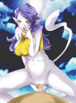  1boy 1girl animal_ears atlus bell bottomless breasts cat_ears cat_tail huge_breasts long_hair megami_tensei nekomata nekomata_(megami_tensei) nipples penis purple_hair pussy sex shin_megami_tensei shirt straddle straddling tail taut_clothes taut_shirt tongue uk-violet white_skin yellow_eyes 