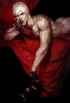  bad_id bad_pixiv_id commentary dante_(devil_may_cry) devil_may_cry devil_may_cry_(anime) facial_hair fingerless_gloves food gloves highres ice_cream lying male_focus muscle nude on_stomach rae realistic solo stubble suggestive_fluid sundae white_hair 