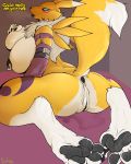  anthro anus big_breasts breasts breath butt dialogue digimon english_text female fur huge_breasts kneeling nipple_piercing nipples nude piercing pussy renamon solo text thick_thighs tongue tongue_out voluptuous weskers 