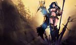  arrow black_hair blue_eyes bottomless breasts league_of_legends long_hair nipples nude_filter photoshop polearm pussy sivir spear sword topless uncensored weapon 