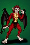  abs anthro chest_tuft claws clothed clothing demon devil digitigrade ears fur hair keanon_woods male muscles nose paws pecs red_eyes red_fur red_hair sixpack solo spread_wings standing tail teeth toe_claws tuft wings yellow_fur 