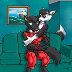  canine catmonkshiro clothing couple duo ears mammal nose pants paws tail tongue wolf 