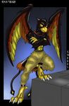  avian beak biceps bird black_body brown_body class claws clothing colorful crossed_arms firebird keanon_woods looking_at_viewer muscles pants pecs phoenix shorts standing tail talons toned topless wings yellow_body yellow_eyes 