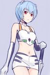  ayanami_rei bare_shoulders blue_hair choker elbow_gloves face gloves ha-ru midriff miniskirt navel neon_genesis_evangelion panties pantyshot red_eyes short_hair simple_background skirt solo underwear white_panties 