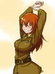  arms_up beige_background charlotte_e_yeager closed_eyes long_hair long_sleeves military military_uniform orange_hair shibasaki_shouji simple_background solo stretch strike_witches uniform upper_body world_witches_series 