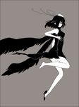  1girl bad_id bad_pixiv_id barefoot camera expressionless greyscale hat kior looking_at_viewer monochrome photoshop_(medium) shameimaru_aya shoes short_hair single_shoe solo tokin_hat touhou wings 