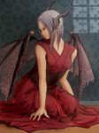  bat_wings demon_girl grey_hair highres horns nozet obi original robe sash seiza sitting solo wings yellow_eyes 