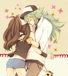  1girl bangle bare_shoulders baseball_cap blue_eyes bracelet brown_hair couple green_eyes green_hair hat hetero hug jewelry kina_(milele) long_hair md5_mismatch n_(pokemon) open_mouth pokemon pokemon_(game) pokemon_bw ponytail short_shorts shorts sleeveless surprised touko_(pokemon) vest wristband 