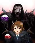  1girl armor blush_stickers bowl brown_eyes brown_hair claws crossover fangs gloves hirasawa_yui horns horror_(theme) k-on! kaiga lordi mr._lordi rice rice_bowl school_uniform short_hair spikes teeth 