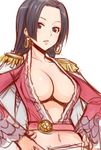 amazon black_eyes black_hair blush boa_hancock breasts cape center_opening cleavage earrings epaulettes face ha-ru hands_on_hips jewelry large_breasts midriff navel one_piece simple_background solo 
