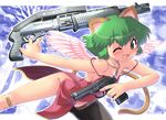  ;d animal_ears bandaid bandaid_on_knee bare_arms beretta_92 black_legwear blush cat_ears cat_tail cocked_hammer fang flat_chest green_eyes green_hair gun handgun hase_yu jewelry lace lace-trimmed_thighhighs no_panties nyano one_eye_closed open_mouth original pendant pistol short_hair shotgun side_slit single_thighhigh smile solo spas-12 strap_slip tail thighhighs trigger_discipline weapon wings 
