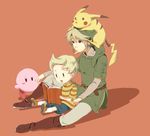  artist_request blonde_hair blue_eyes book earrings gen_1_pokemon hat jewelry kirby kirby_(series) link lucas male_focus mother_(game) mother_3 multiple_boys pikachu pointy_ears pokemon pokemon_(creature) quiff smile super_smash_bros. the_legend_of_zelda the_legend_of_zelda:_twilight_princess 