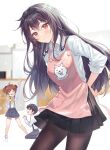  1boy 2girls :d ahoge akiyama_iku akiyama_sumi animal_print apron black_hair bow bowtie brown_hair closed_eyes cover cover_page dog_print dress_shirt highres ichikawa_haru kuremoto_soyoka long_hair mamatomo_to_sodateru_rabukome multiple_girls novel_cover official_art own_hands_together pleated_skirt pointing pointing_up ponytail red_eyes second-party_source shirt short_hair simple_background skirt smile suspender_pants suspender_skirt suspenders tying_apron white_background 