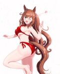  1girl ;d animal_ears bikini blush bow bracelet breasts brown_hair cleavage closed_mouth collarbone commentary_request cowboy_shot green_bow green_eyes hair_bow heart highres horse_ears horse_girl horse_tail jewelry large_breasts long_hair looking_at_viewer maruzensky_(umamusume) navel one_eye_closed osage_gankyou red_bikini red_ribbon ribbon shadow side-tie_bikini_bottom simple_background smile solo standing standing_on_one_leg stomach swimsuit tail umamusume very_long_hair waving white_background 