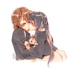  black_hair blazer blush brown_hair closed_eyes couple hair_ornament hairclip hirasawa_yui holding_hands interlocked_fingers jacket k-on! kiss long_hair multiple_girls nakano_azusa ribbon school_uniform short_hair simple_background takanashi_ringo twintails upper_body yuri 